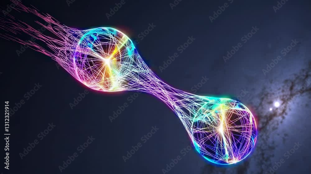 Vibrant quantum entanglement visualization depicting interconnected glowing spheres representing scientific principles against cosmic background, illustrating advanced research dynamics