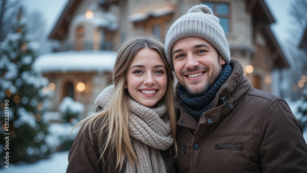 Happy Couple Smiling Together in Winter Wonderland with Cozy Outfits and Snowy Background