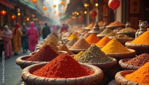 Oriental spices in bowls on vibrant market stall. Colorful mix of herbs, curry powders. Traditional asian aromatic ingredients. Food retail, sale. Exotic arabic spice bazaar with spicey pepper,