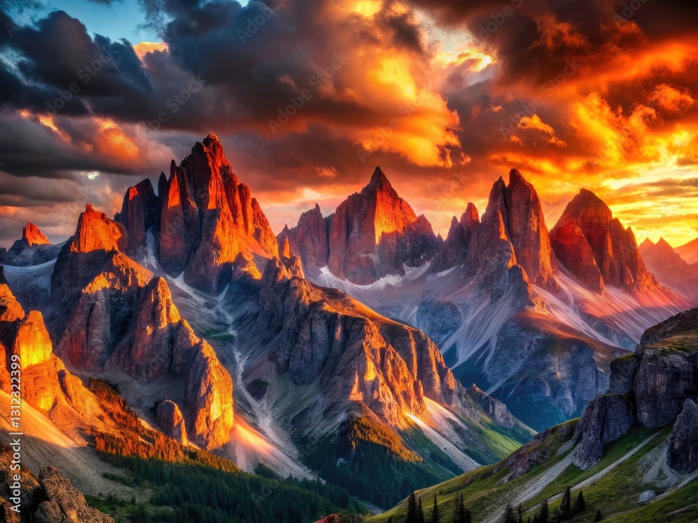 Fototapeta premium Majestic Alpine Sunset: Night Photography, Mountain Shadows, Orange Sky, Peak Views