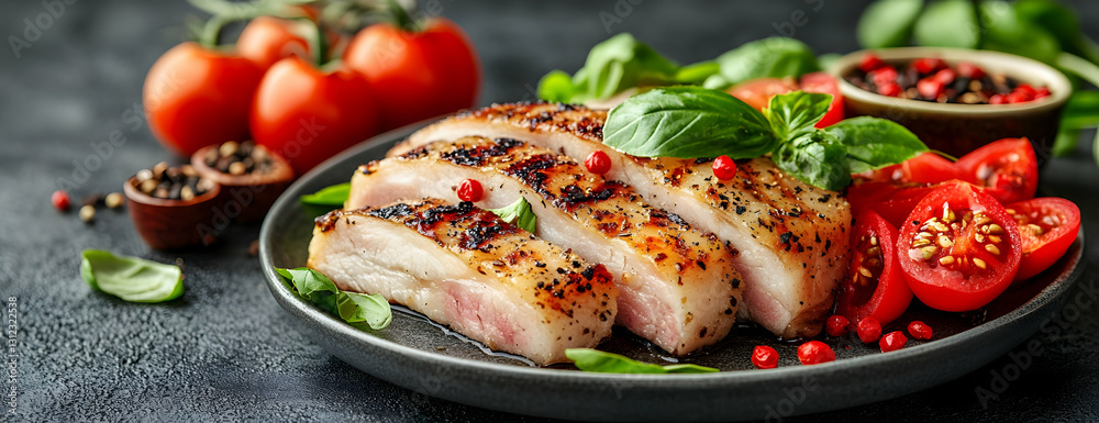 Grilled chicken, tomatoes, basil. Healthy meal Grilled chicken, tomatoes, basil. Healthy meal