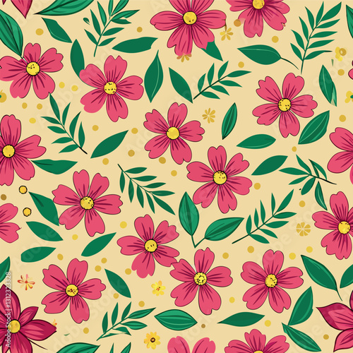 Colorful floral seamless pattern with wild flowers on pastel pink background. Watercolor wildflowers, herbs, green leaves illustration. 