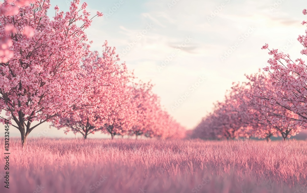 Spring 3d background minimalistic mockup with space for text, soft pink cherry blossom field background Spring 3d background minimalistic mockup with space for text, soft pink cherry blossom field background