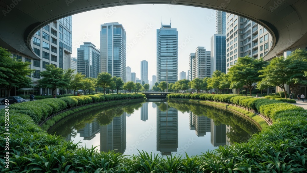 Urban Landscape with Modern Skyscrapers and Reflective Water Body Surrounded by Lush Greenery Urban Landscape with Modern Skyscrapers and Reflective Water Body Surrounded by Lush Greenery