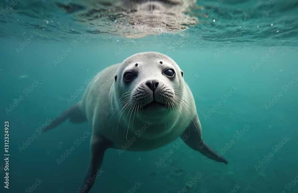 Obraz premium Fur seal swims underwater ocean. Wild animal marine mammal underwater close-up. Cute young pinniped aquatic creature with whiskers in blue water. Sea lion swimming adventure.