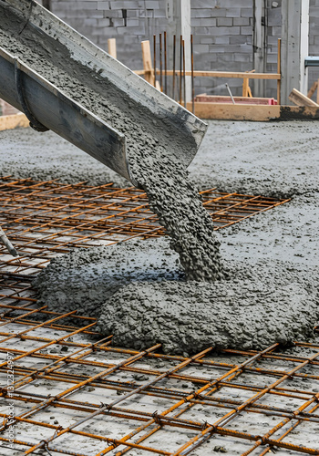  Building foundation construction with freshly poured concrete over steel grid.