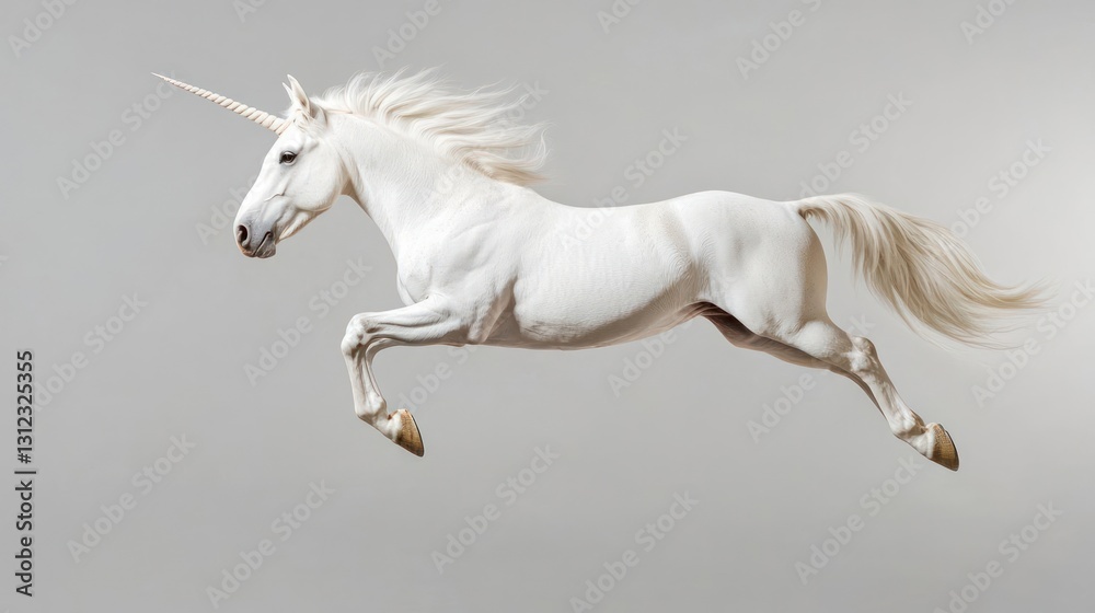White Unicorn Leaping Gracefully Against a Grey Background White Unicorn Leaping Gracefully Against a Grey Background