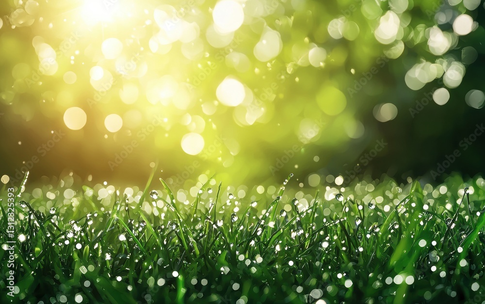 Obraz premium Spring 3d background minimalistic mockup with space for text, fresh dewdrops on grass with morning sunlight background