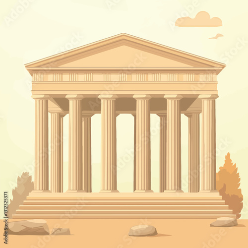  A flat 2D vector of a grand classical Greek temple with marble columns.