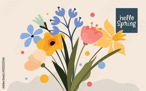 Postcard with a spring bouquet in vector, flat style.