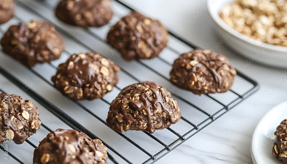 Flourless no bake peanut butter and oatmeal chocolate cookies on a cooling rack Flourless no bake peanut butter and oatmeal chocolate cookies on a cooling rack