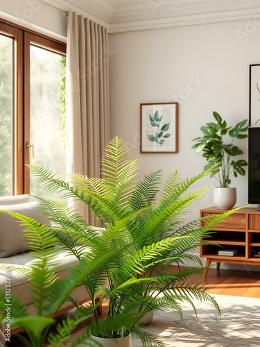 A depiction of ferns situated in the corner of a living room, contributing to the room's decor with a touch of greenery. AI generated.