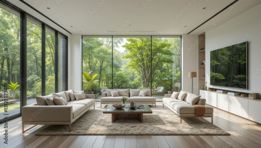 Obraz premium Spacious Modern Living Room with Large Windows Offering Views of Greenery and Natural Light