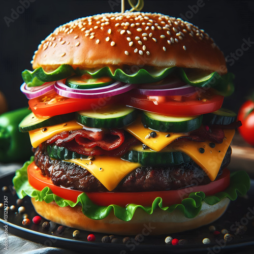 Burger with beef, cheese, vegetables on black plate. Dark Background. 
