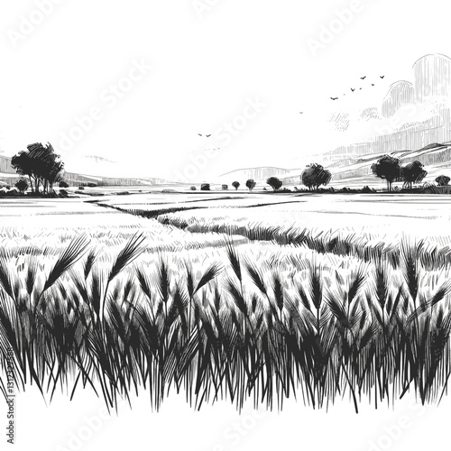 Line art drawing of field nature landscape ink sketch vector hand drawn illustration background, whispers of the wild grass