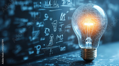 glowing light bulb on chalkboard filled with math equations and doodles