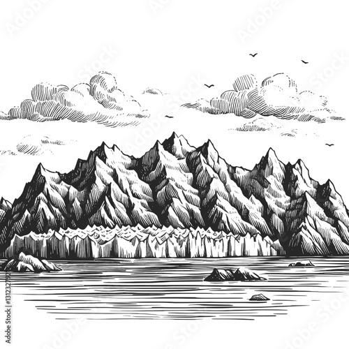 Line art drawing of glacier nature landscape ink sketch vector hand drawn illustration background, the melting horizon: beauty and fragility of glaciers