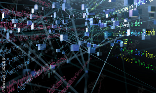 Concepto de ciencia y tecnología. Programación y código.Fondo abstracto de sistema de red y datos. Estructura y conexión.