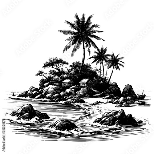 Line art drawing of island nature landscape ink sketch vector hand drawn illustration background, the jewel of the ocean: a hidden gem