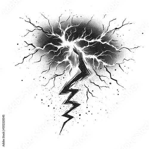 Line art drawing of lightning thunder nature landscape ink sketch vector hand drawn illustration background, crackling skies: a moment of brilliance
