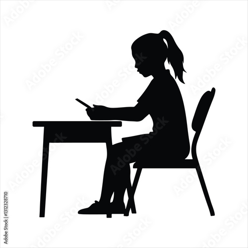 Girls under 16 in a classroom setting studying. Young Girl using smart phone. silhouette design element.