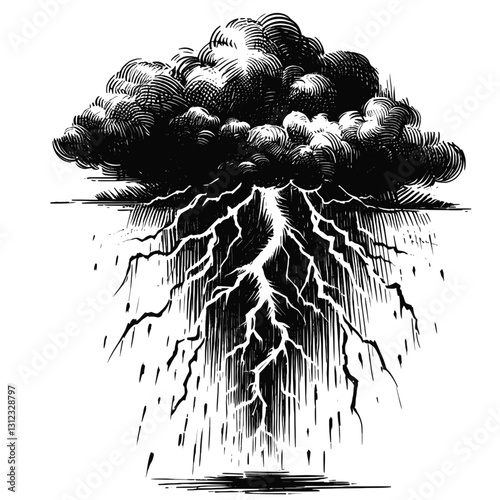 Line art drawing of lightning thunder nature landscape ink sketch vector hand drawn illustration background, stormlit: a flash of nature's wrath