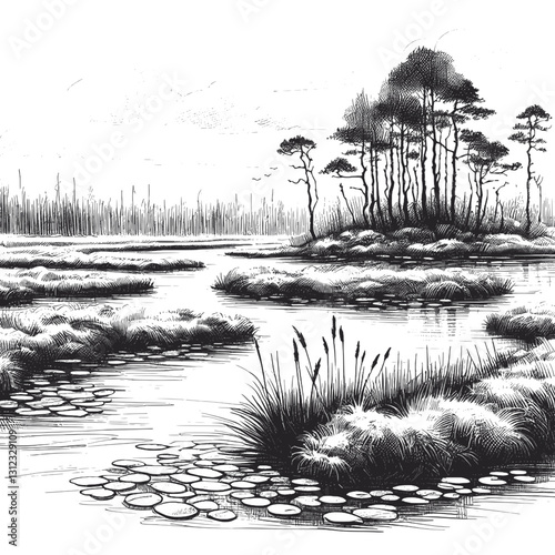 Line art drawing of marsh nature landscape ink sketch vector hand drawn illustration background, crackling horizons: lightning marsh
