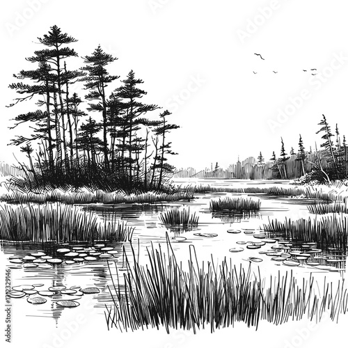 Line art drawing of marsh nature landscape ink sketch vector hand drawn illustration background, nature's wrath: lightning over the wetlands