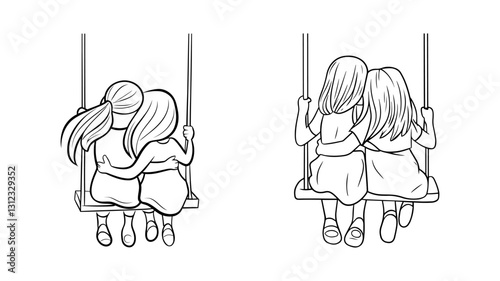 Two girls embracing on a swing, a heartwarming friendship scene Or Sibling Concept.