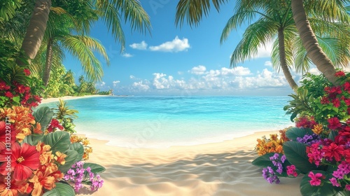 A beautiful beach scene with flowers and palm trees everywhere