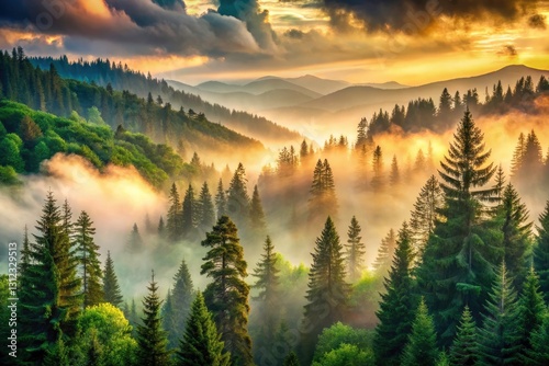 Misty Forest Landscape: Vintage Pastel Sky, Fir Trees, Gray Mountains - Serene Nature Photography