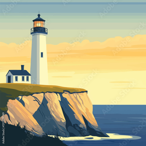  A flat 2D vector of a lighthouse standing tall on a coastal cliff.