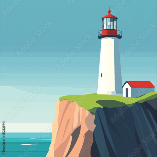  A flat 2D vector of a lighthouse standing tall on a coastal cliff.