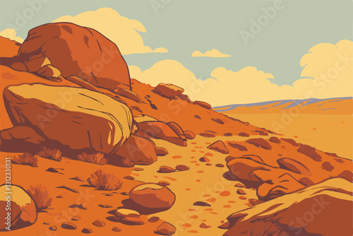 A beautiful illustration background image of a serene landscape mountains,  derest in orange color