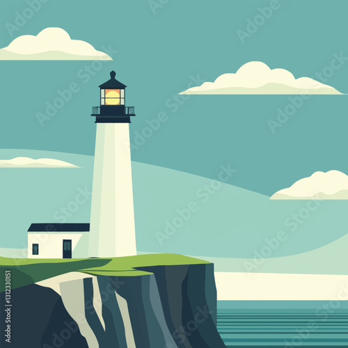  A flat 2D vector of a lighthouse standing tall on a coastal cliff.
