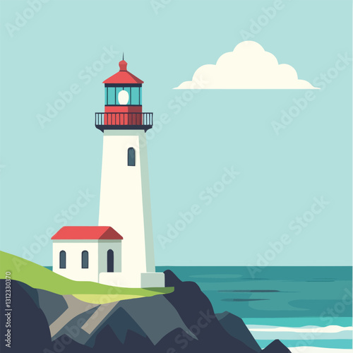  A flat 2D vector of a lighthouse standing tall on a coastal cliff.
