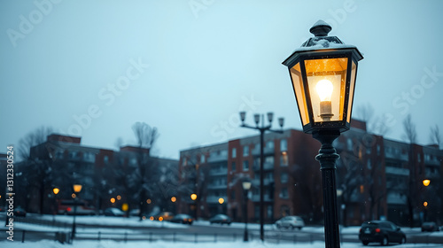 Energy conservation initiatives in city ordinances, A beautifully lit street lamp shines through a snowy urban landscape
