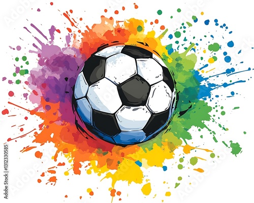 A soccer ball surrounded by colorful paint splashes on white