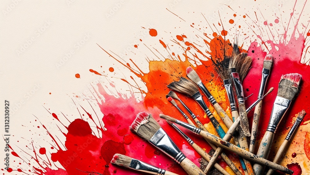 Obraz premium Paintbrushes amidst vibrant and dynamic splashes of color and art.