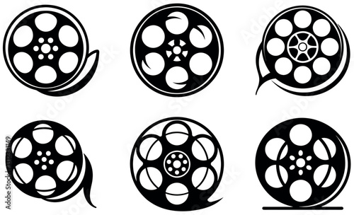 Six stylized black and white film reels, perfect for graphic design, logos, or website elements.