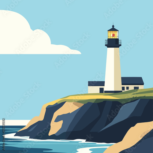  A flat 2D vector of a lighthouse standing tall on a coastal cliff.