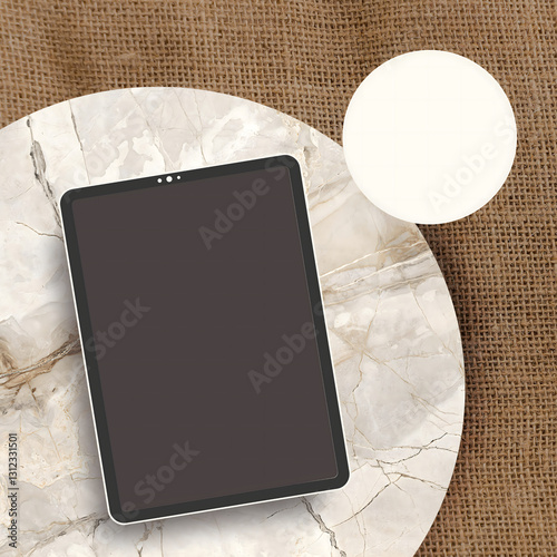 Modern Tablet Mockup on Marble and Burlap Background for Branding and Social Media