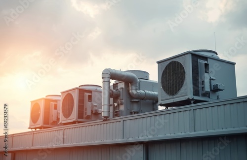 Commercial HVAC units on building roof. Condensers, compressors form big central air conditioning system. Ventilation equipment, engineering installation, appliance for heating, cooling, humidity photo