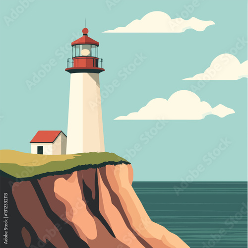  A flat 2D vector of a lighthouse standing tall on a coastal cliff.