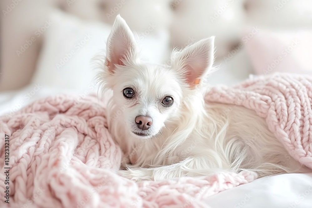 A small white dog resting upon a cozy pink blanket A small white dog resting upon a cozy pink blanket