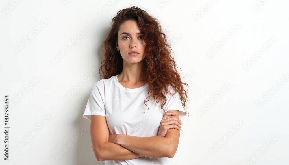 Young brunette woman with curly hair poses with arms crossed near white wall. Girl looks confident, determined standing her ground in blank studio. Concept of feminine strength and individuality. Young brunette woman with curly hair poses with arms crossed near white wall. Girl looks confident, determined standing her ground in blank studio. Concept of feminine strength and individuality.