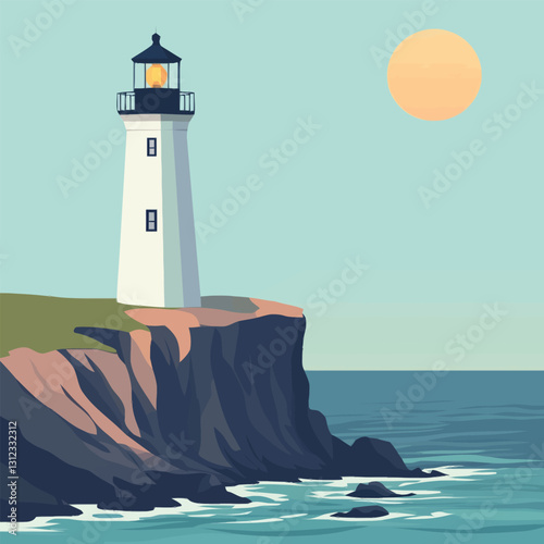  A flat 2D vector of a lighthouse standing tall on a coastal cliff.