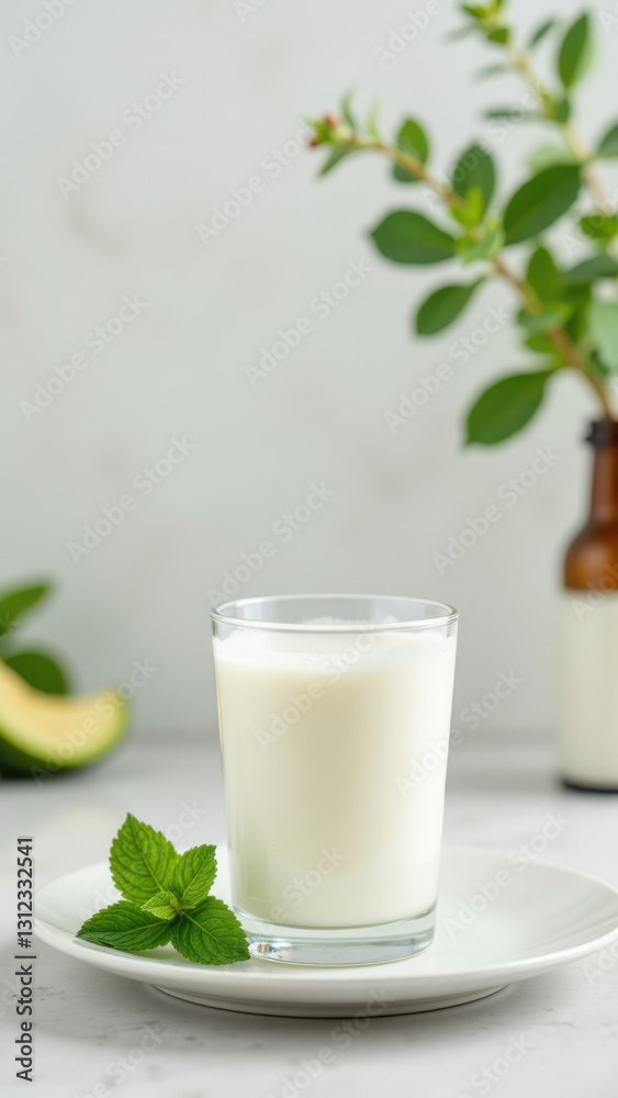 Fresh glass of milk with ice cubes served on a white plate. Fresh glass of milk with ice cubes served on a white plate.