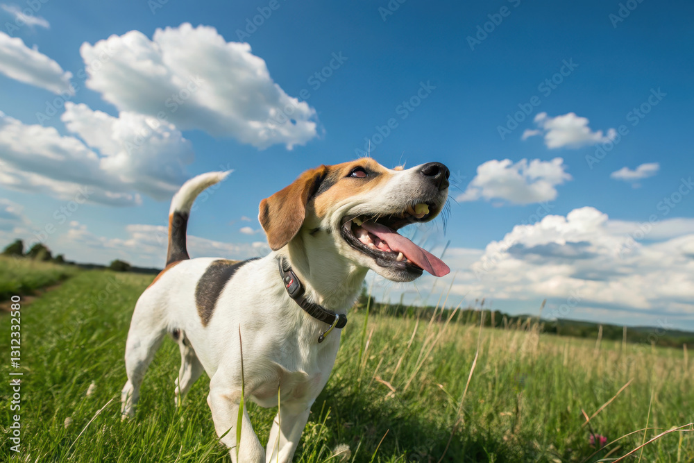 happy dog with wagging tail stands in grassy field under bright blue sky with fluffy white clouds, enjoying sunny day happy dog with wagging tail stands in grassy field under bright blue sky with fluffy white clouds, enjoying sunny day