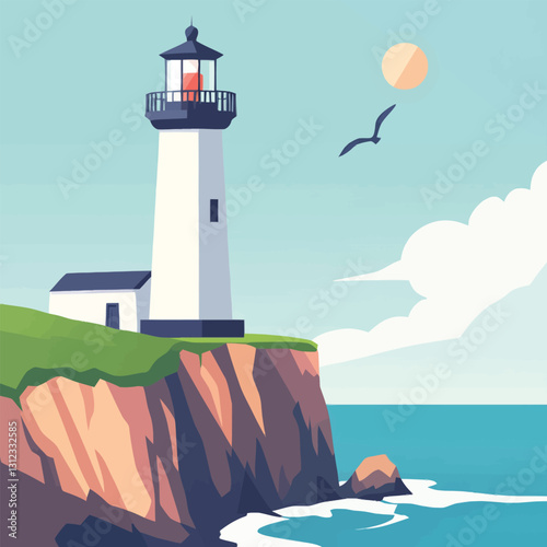  A flat 2D vector of a lighthouse standing tall on a coastal cliff.